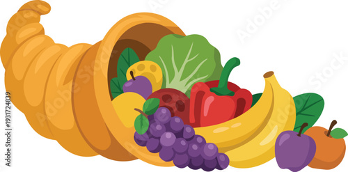 Cornucopia overflowing with fresh fruits and vegetables in detailed minimal line art vector illustration style