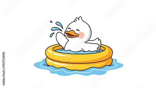 Happy white duck character enjoys a refreshing bath in a yellow inflatable swimming pool with blue water splashing in a cute summer scene.