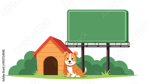 Cute brown and white dog sits patiently next to its wooden doghouse in front of a large blank green billboard for custom advertising space.