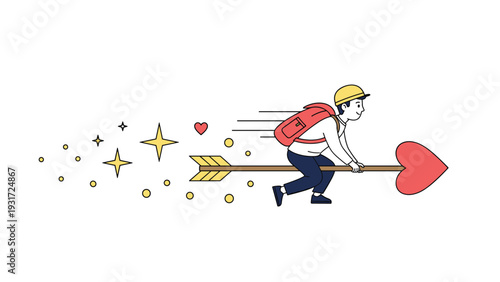 Energetic person riding a giant heart-tipped arrow flies through the air past golden stars and hearts in a dynamic romantic concept image.
