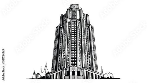 Magnificent high-rise skyscraper with intricate facade details is depicted in a detailed black and white architectural sketch on white.