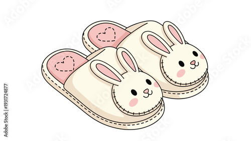 Pair of cozy white bunny slippers for women or girls feature pink heart-shaped footbeds and cute rabbit faces with long ears and cheeks.