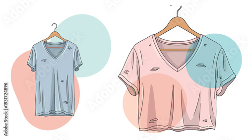 Two distressed cotton t-shirts in blue and pink are displayed on wooden hangers against a background of soft pastel colored circular shapes.