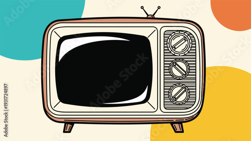 Vintage television set with three manual knobs and a blank screen is presented against an abstract background of colorful circles.