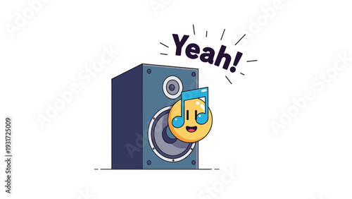 Large blue loudspeaker plays loud music with a yellow emoji character holding a musical note and the word yeah floating above in a fun graphic.