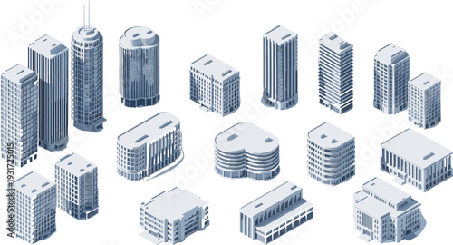 Modern City Buildings Collection Isometric Office and Apartment Architecture Vector Set