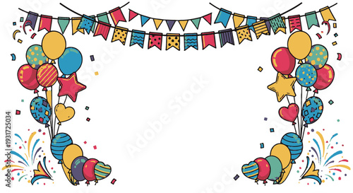 Colorful Party Decorations with Balloons and Streamers.