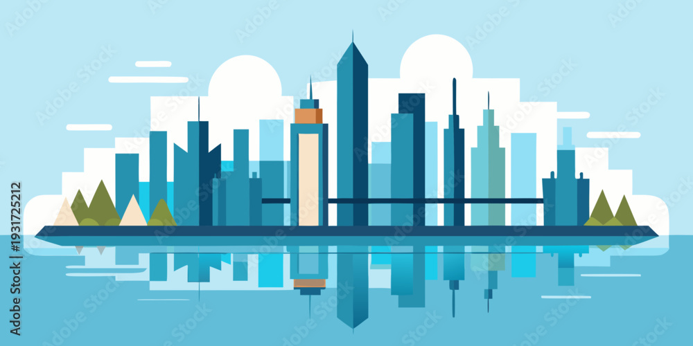 Fototapeta premium Modern Geometric City Skyline with River Reflection Flat Vector Illustration