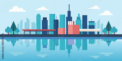 Modern Geometric City Skyline with River Reflection Flat Vector Illustration