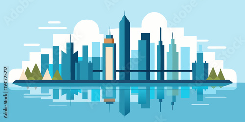 Modern Geometric City Skyline with River Reflection Flat Vector Illustration