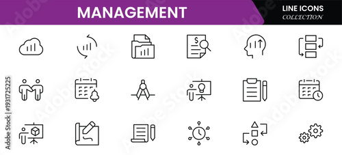 Management icon set. Contains such icons as schedule, human resource, management, development, planning, strategy, and more. Time management and planning concept