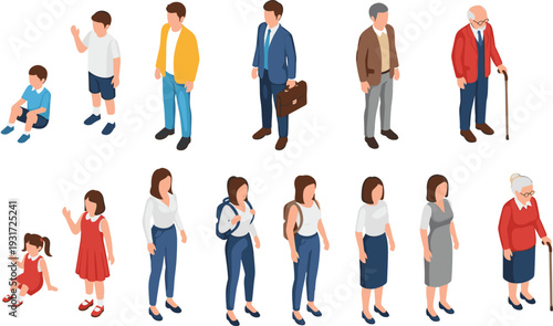 People Aging Process Collection From Child to Elderly Man and Woman Vector Set