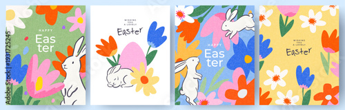 Happy Easter set of greeting cards, posters, holiday covers. Trendy design templates with typography, spring hand drawn Easter eggs and bunny, flowers in pastel colors. Modern art minimalist style for