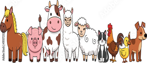 Cute Farm Animals Cartoon Vector Illustration Set with Horse Pig Cow Alpaca Sheep Cat Rooster Duck and Dog