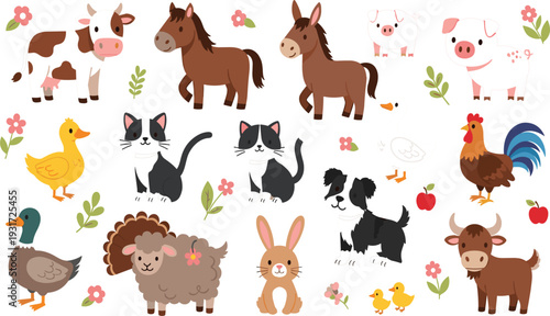 Cute Farm Animals Cartoon Vector Set with Cow Horse Pig Chicken Duck Cat Dog Sheep Rabbit and Floral Elements