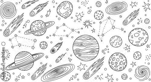 Space Doodle Pattern with Planets Stars Comets and Galaxies Hand Drawn Outline Background
