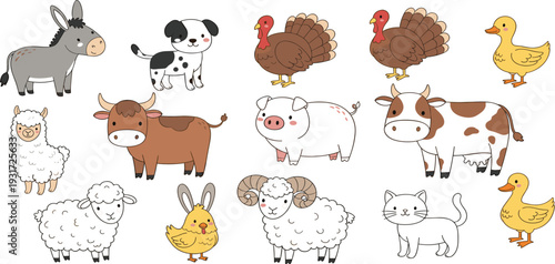 Cute Farm Animals Cartoon Vector Set with Cow Pig Sheep Ram Donkey Dog Cat Turkey and Duck Illustration