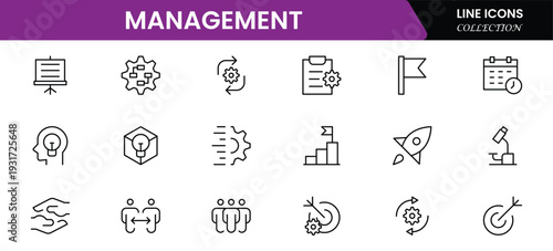 Management icon set. Contains such icons as schedule, human resource, management, development, planning, strategy, and more. Time management and planning concept