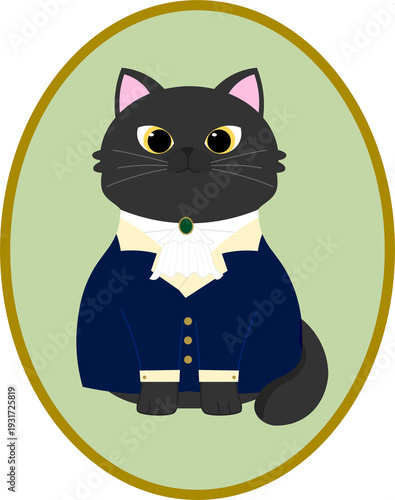 Фотография Royal Nobleman Black Cat Portrait in Blue Suit and Victorian Jabot Collar