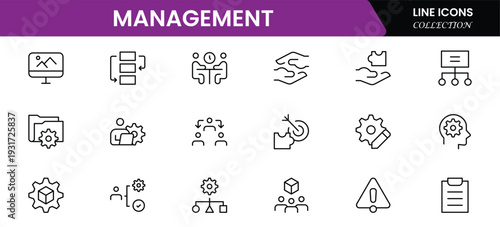 Management icon set. Contains such icons as schedule, human resource, management, development, planning, strategy, and more. Time management and planning concept