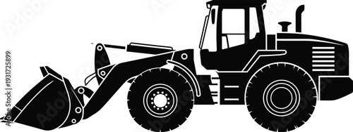 Front end loader silhouette vector isolated on white background, heavy construction equipment, wheel loader machine icon for industrial transport design use projects and engineering