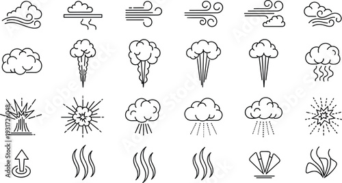 Weather and Natural Phenomena Icons Set Wind Cloud Rain Storm and Steam Outline Vector Collection