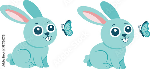 Cute blue bunny rabbit sitting and watching small butterfly in minimal clean hand drawn line art vector style