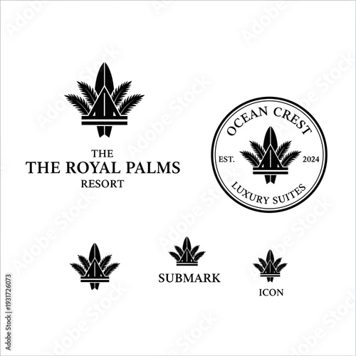 Collection of black and white luxury resort and hotel logos featuring palm leaf crown designs, including main logo, circular emblem, submark, and icon variations for branding.
