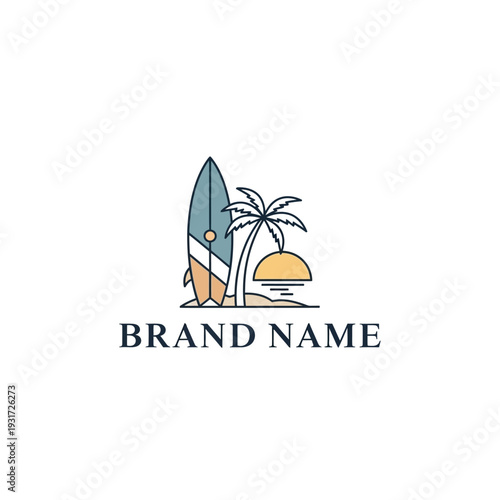 A minimalist logo design featuring a surfboard, a palm tree, and a setting sun on a beach.