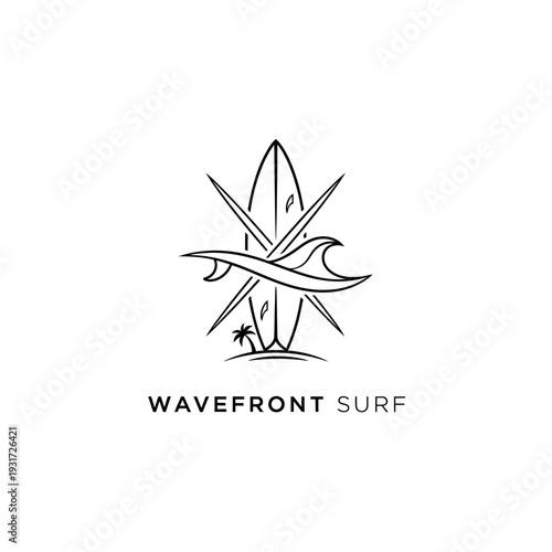 Surfing logo with wave and surfboard design elements.