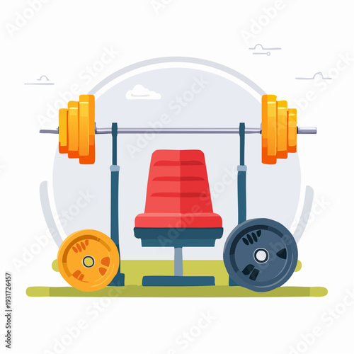 Dynamic flat illustration of a weight training setup featuring a sturdy bench, loaded barbell, and various weight plates for fitness and strength workouts