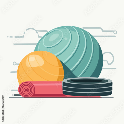 Collection of various gym and workout essentials, including exercise balls, yoga mat, and weight plate, for a healthy and active lifestyle