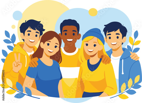 PrintHappy Multicultural Friends Group Portrait Flat Illustration.