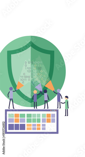 Team of people protecting data and information with shield and keyboard concept illustration