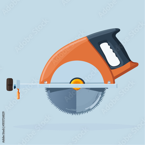 Orange and grey circular saw on a plain light blue background
