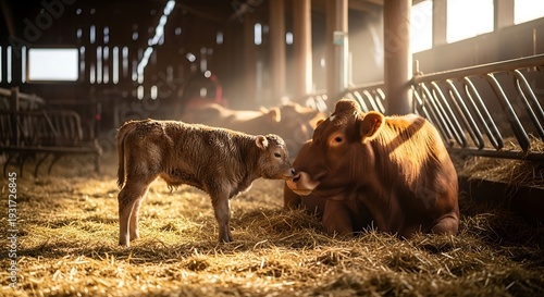 Tender moment between a mother cow and her calf in a sunlit barn