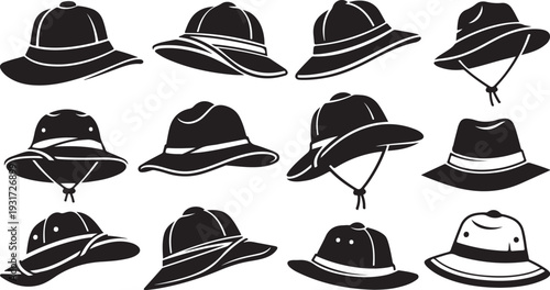 Collection of Various Hats in Black and White Silhouette