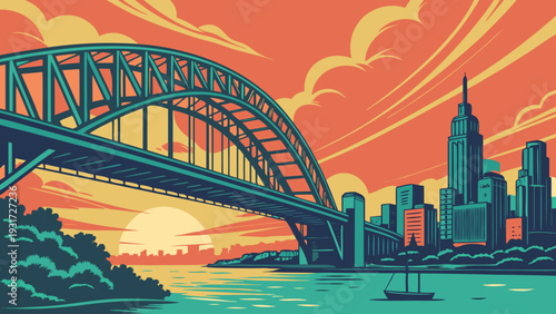 Exotic City Panorama with Arch Bridge and Golden Sunset Reflection