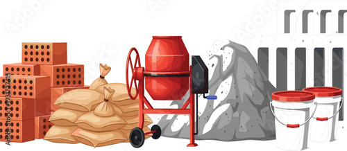Construction Materials and Cement Mixer Set with Bricks, Sand Bags, Gravel and Paint Buckets Vector Illustration