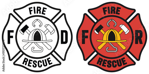 Firefighter Rescue Maltese Florian Cross in Black Line Art and Red and Gold Colors, Isolated Vector Illustration Representing Fire Department