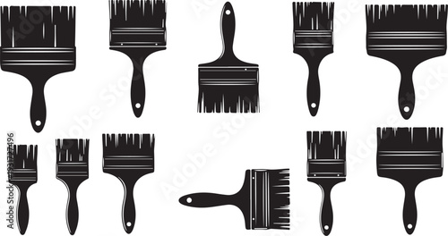 Collection of various paint brushes in black and white