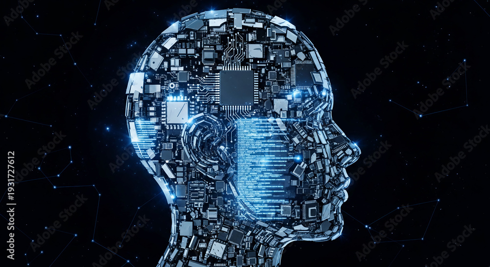 Obraz premium Profile of an electronic head made of circuit board, representing artificial intelligence, future technology, science and cyberspace concept