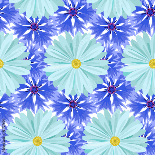 Vector seamless background with light blue daisies and blue, lilac cornflowers .