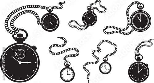 Collection of pocket watches with chains on white background