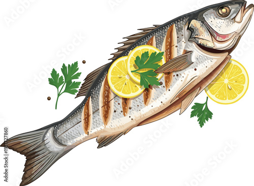 Gourmet Grilled Whole Fish with Lemon and Herbs - Seafood Illustration
