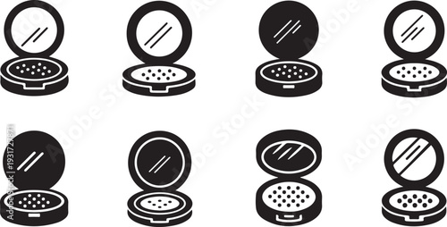Black and white of open and closed makeup compacts beauty cosmetics