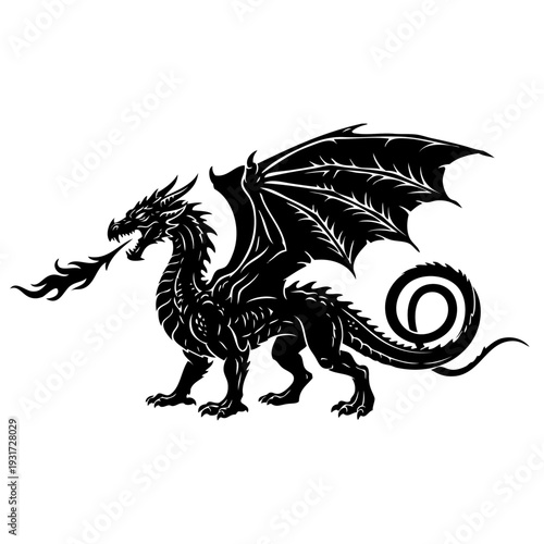 A majestic dragon with wings spread wide and a circular emblem behind it.