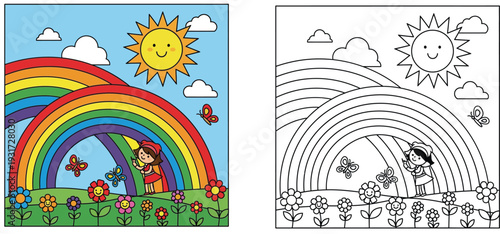 Coloring book page for kids with colorful example. Cute girl under a rainbow with happy sun, smiling flowers, and butterflies vector illustration.