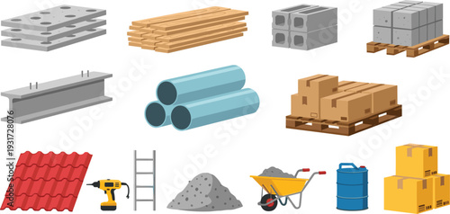 Construction Materials and Equipment Set with Steel Beams, Concrete Blocks, Lumber, Pipes and Tools Vector Illustration
