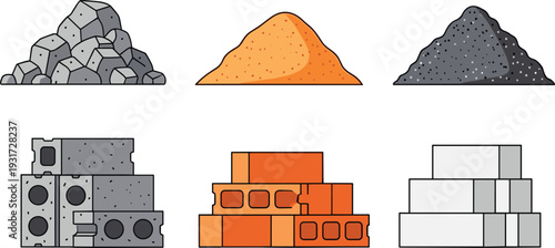 Construction Materials Set with Sand, Gravel, Stones, Concrete Blocks and Bricks Vector Illustration Collection
